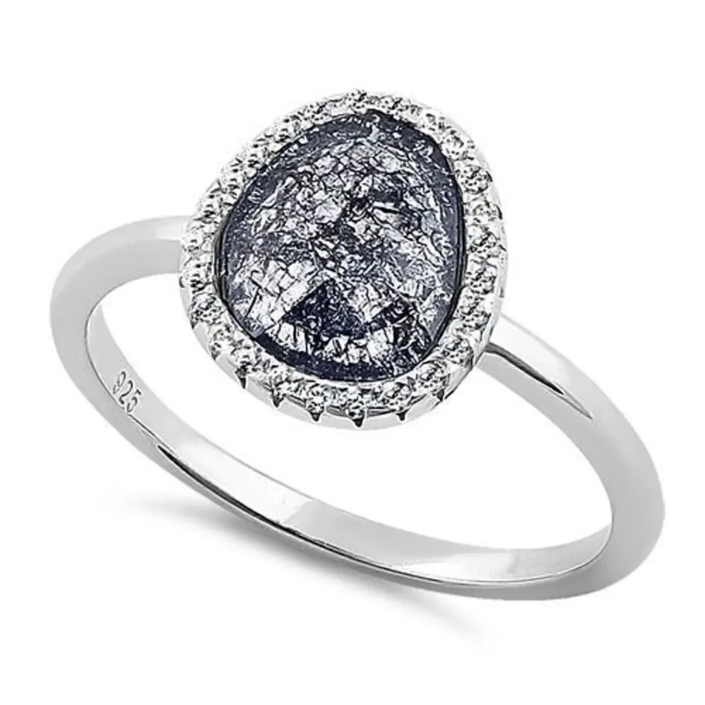 Sterling Silver Offset Oval Grey Galaxy CZ Ring New